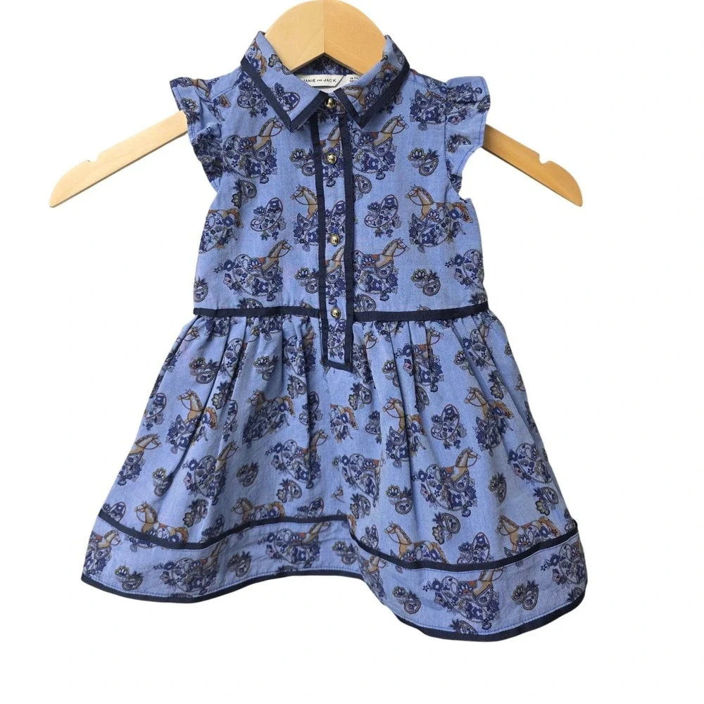 Janie and Jack Horse Print Dress Girls 18-24 Months Blue Equestrian Paisley Prep